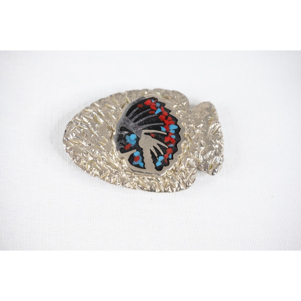 PSS Belt Buckle Vintage 80s Silver Red Blue Good Arrowhead Native American Chief
